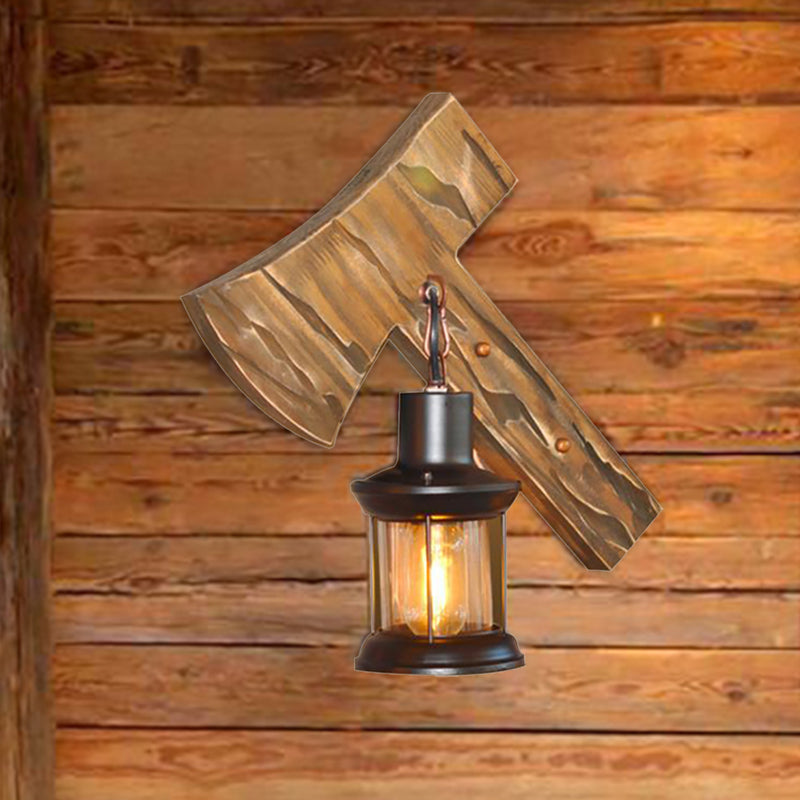 Sikunuo | Lantern Indoor Wall Lighting Rustic Style Clear Glass 1 Light Black Wall Lamp with Wooden Backplate