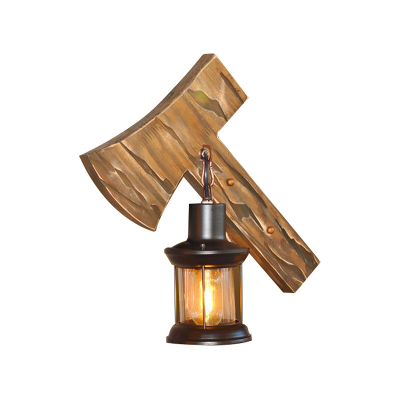 Sikunuo | Lantern Indoor Wall Lighting Rustic Style Clear Glass 1 Light Black Wall Lamp with Wooden Backplate