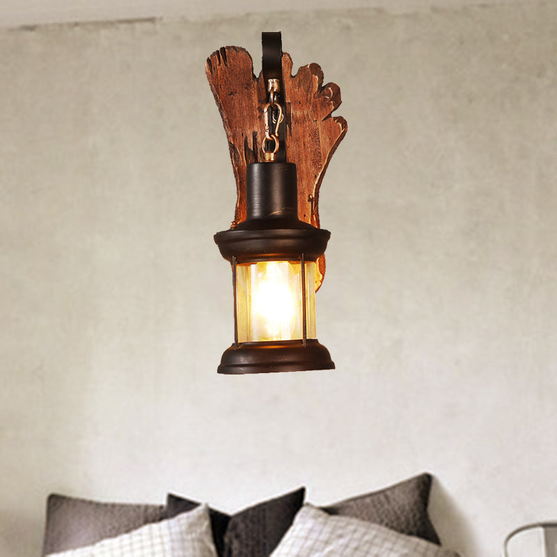 Sikunuo | Kerosene Dining Room Wall Lamp Coastal Clear Glass 1 Light Black Wall Lamp Light Fixture with Wooden Base/Axe Backplate
