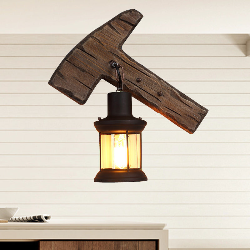 Sikunuo | Kerosene Dining Room Wall Lamp Coastal Clear Glass 1 Light Black Wall Lamp Light Fixture with Wooden Base/Axe Backplate