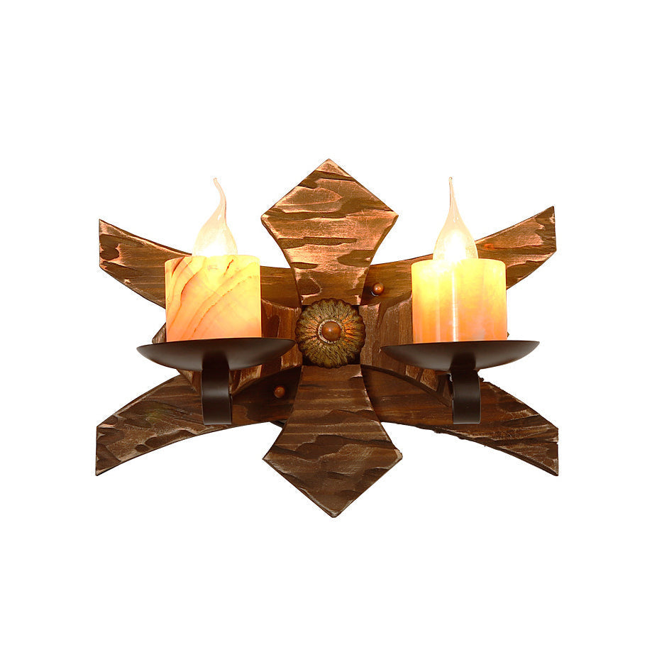 Sikunuo | Black Candle/Lantern Wall Lighting Vintage Style Clear Glass/Marble 2-Light Indoor Wall Sconce with Wooden Back Plate