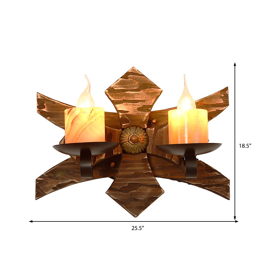 Sikunuo | Black Candle/Lantern Wall Lighting Vintage Style Clear Glass/Marble 2-Light Indoor Wall Sconce with Wooden Back Plate
