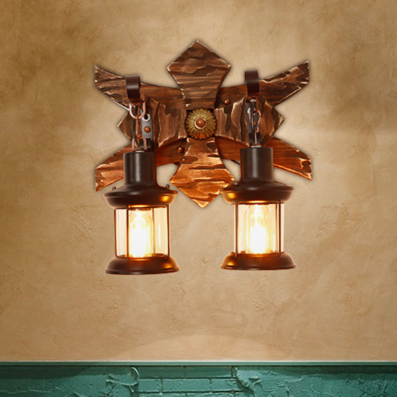 Sikunuo | Black Candle/Lantern Wall Lighting Vintage Style Clear Glass/Marble 2-Light Indoor Wall Sconce with Wooden Back Plate