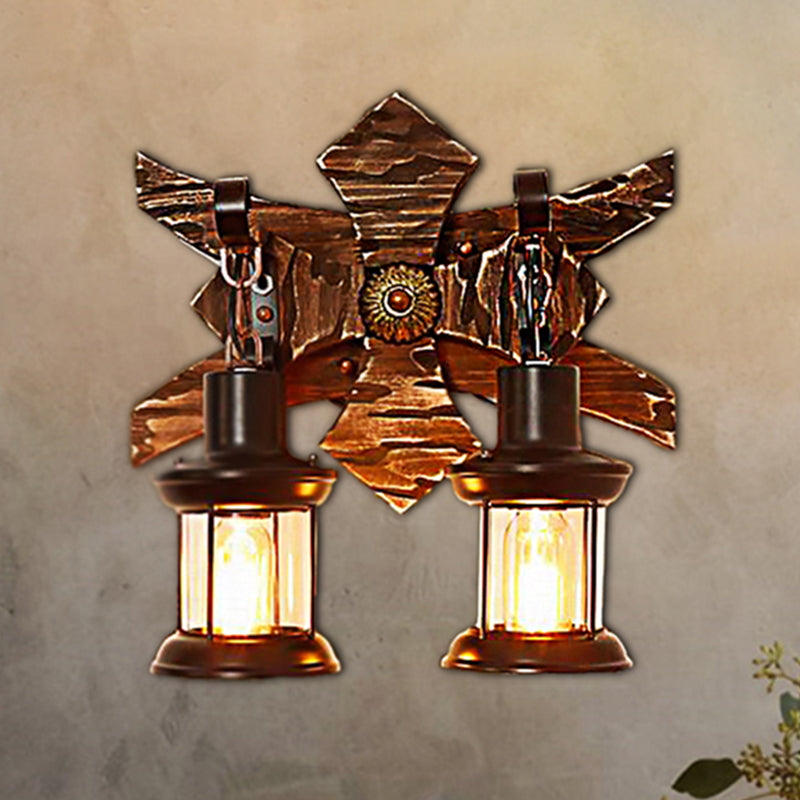 Sikunuo | Black Candle/Lantern Wall Lighting Vintage Style Clear Glass/Marble 2-Light Indoor Wall Sconce with Wooden Back Plate