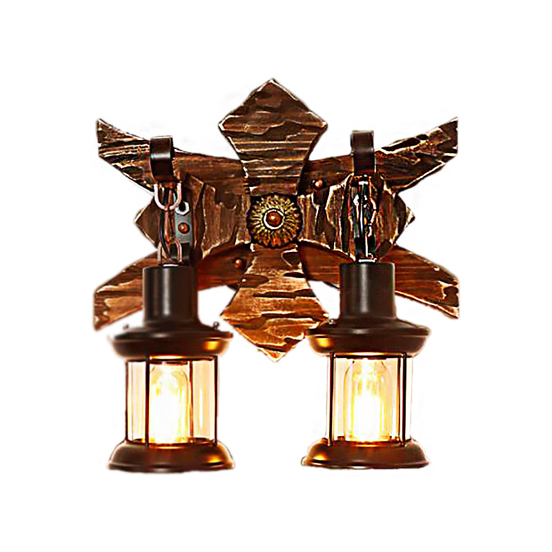 Sikunuo | Black Candle/Lantern Wall Lighting Vintage Style Clear Glass/Marble 2-Light Indoor Wall Sconce with Wooden Back Plate