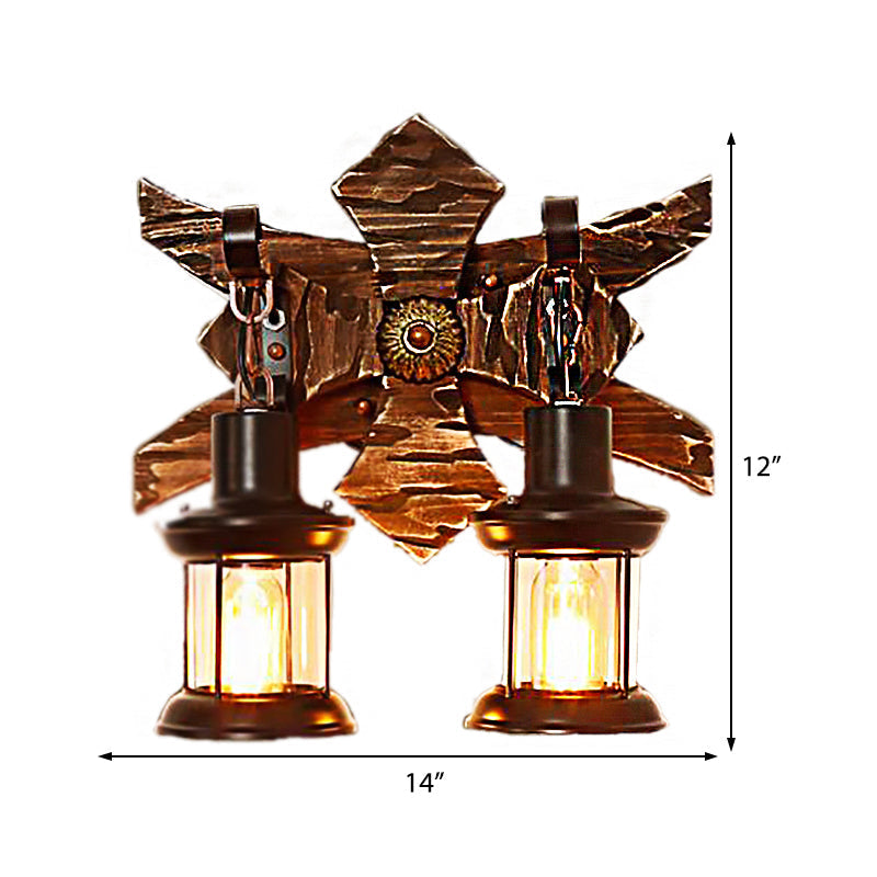 Sikunuo | Black Candle/Lantern Wall Lighting Vintage Style Clear Glass/Marble 2-Light Indoor Wall Sconce with Wooden Back Plate