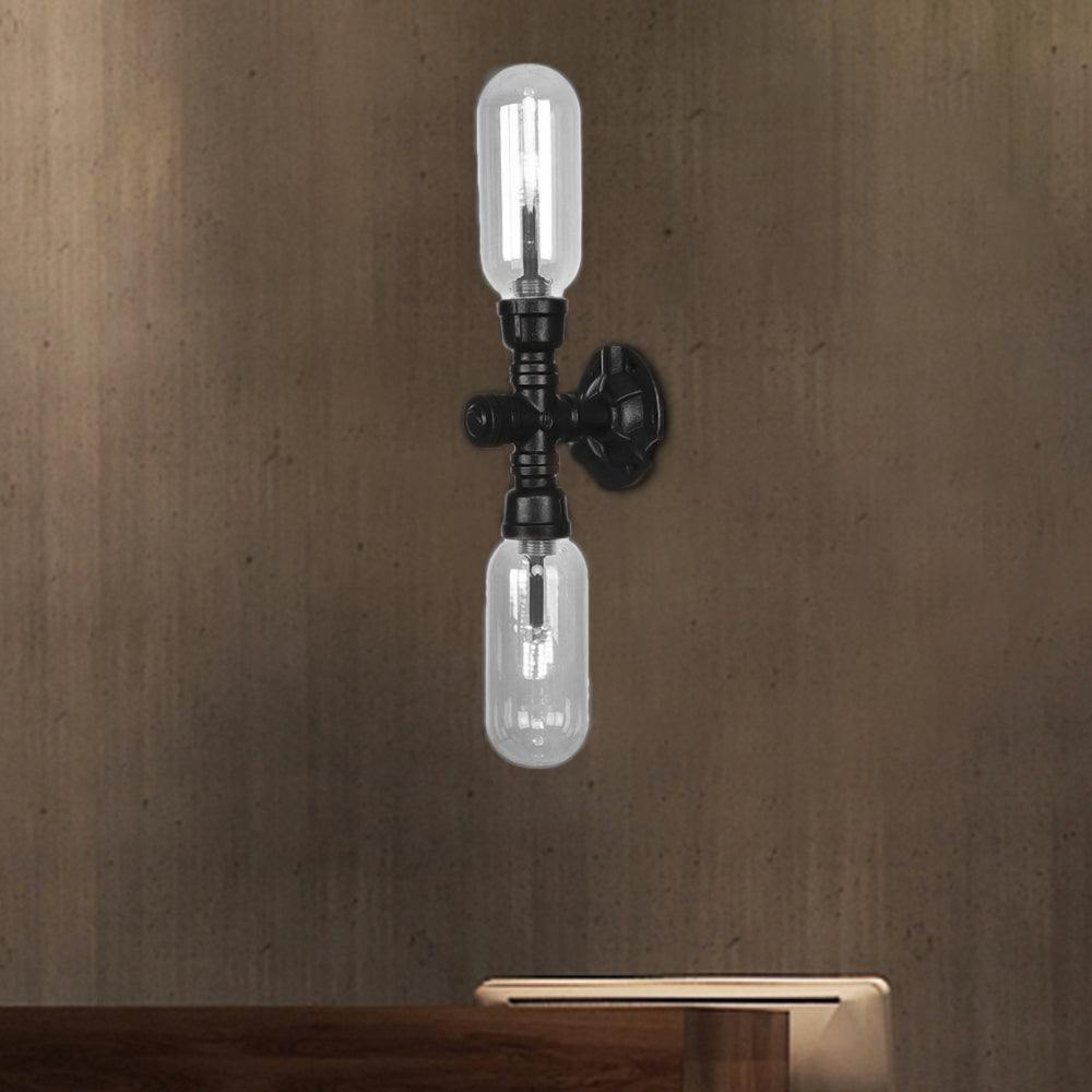 Sikunuo | Clear Glass Black Wall Lamp Capsule Shade 2/4 Light Industrial Wall Mounted Pipe Lighting