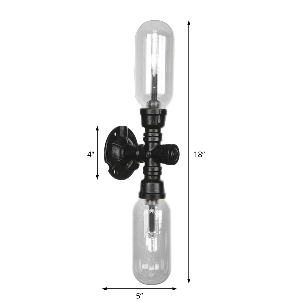 Sikunuo | Clear Glass Black Wall Lamp Capsule Shade 2/4 Light Industrial Wall Mounted Pipe Lighting