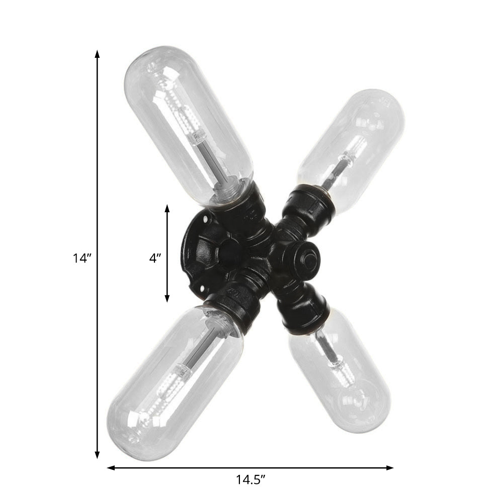 Sikunuo | Clear Glass Black Wall Lamp Capsule Shade 2/4 Light Industrial Wall Mounted Pipe Lighting
