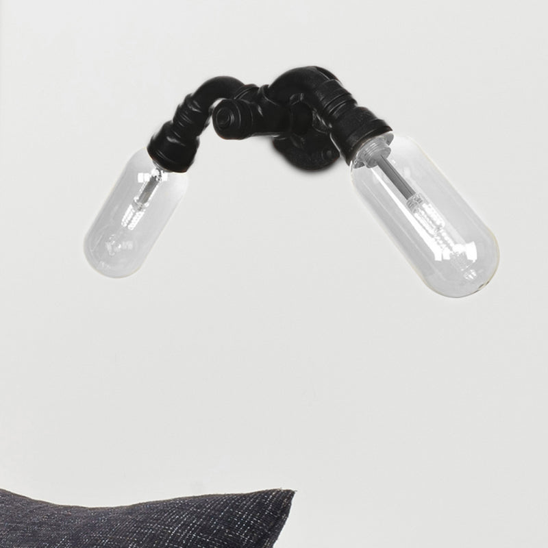 Sikunuo | Capsule Shade Bedroom Wall Light Industrial Metal 2 Lights Black Wall Light with Pipe Design