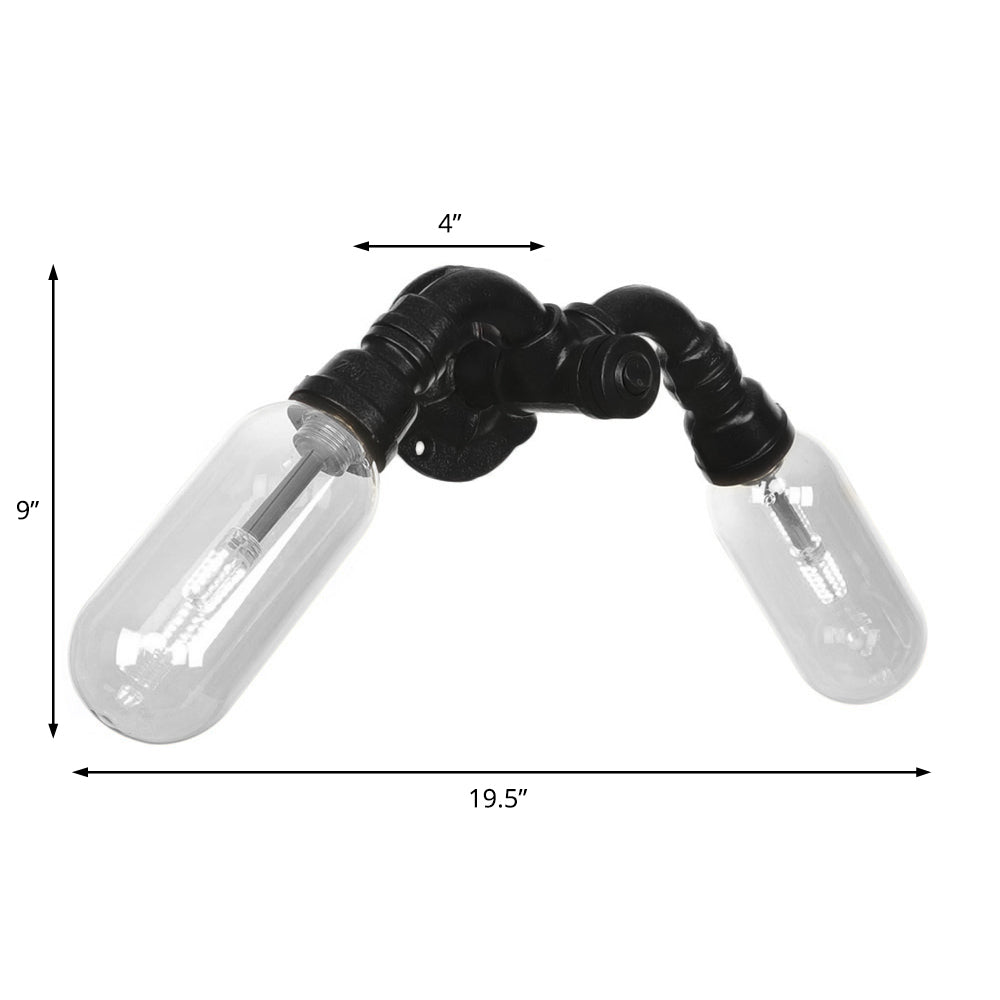Sikunuo | Capsule Shade Bedroom Wall Light Industrial Metal 2 Lights Black Wall Light with Pipe Design