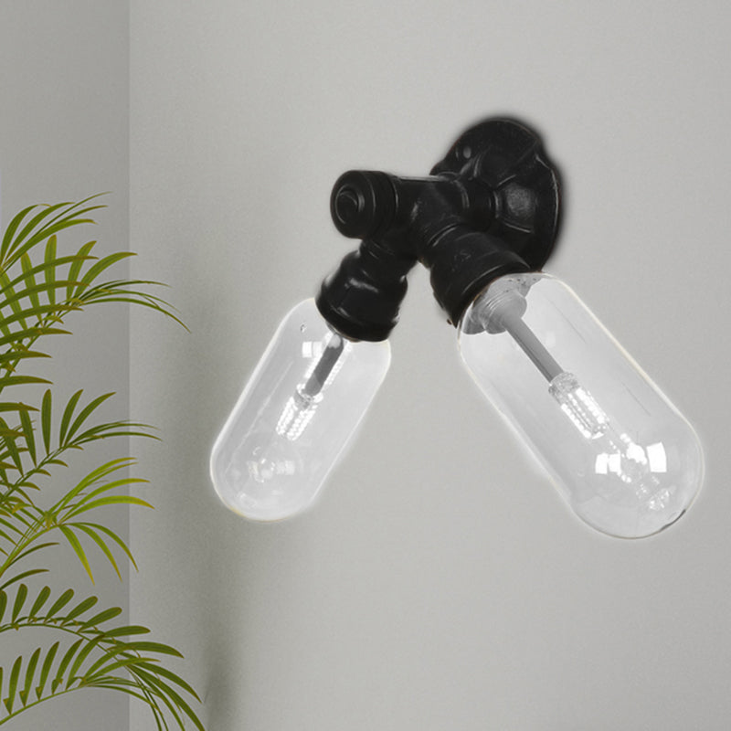 Sikunuo | Capsule Shade Bedroom Wall Light Industrial Metal 2 Lights Black Wall Light with Pipe Design