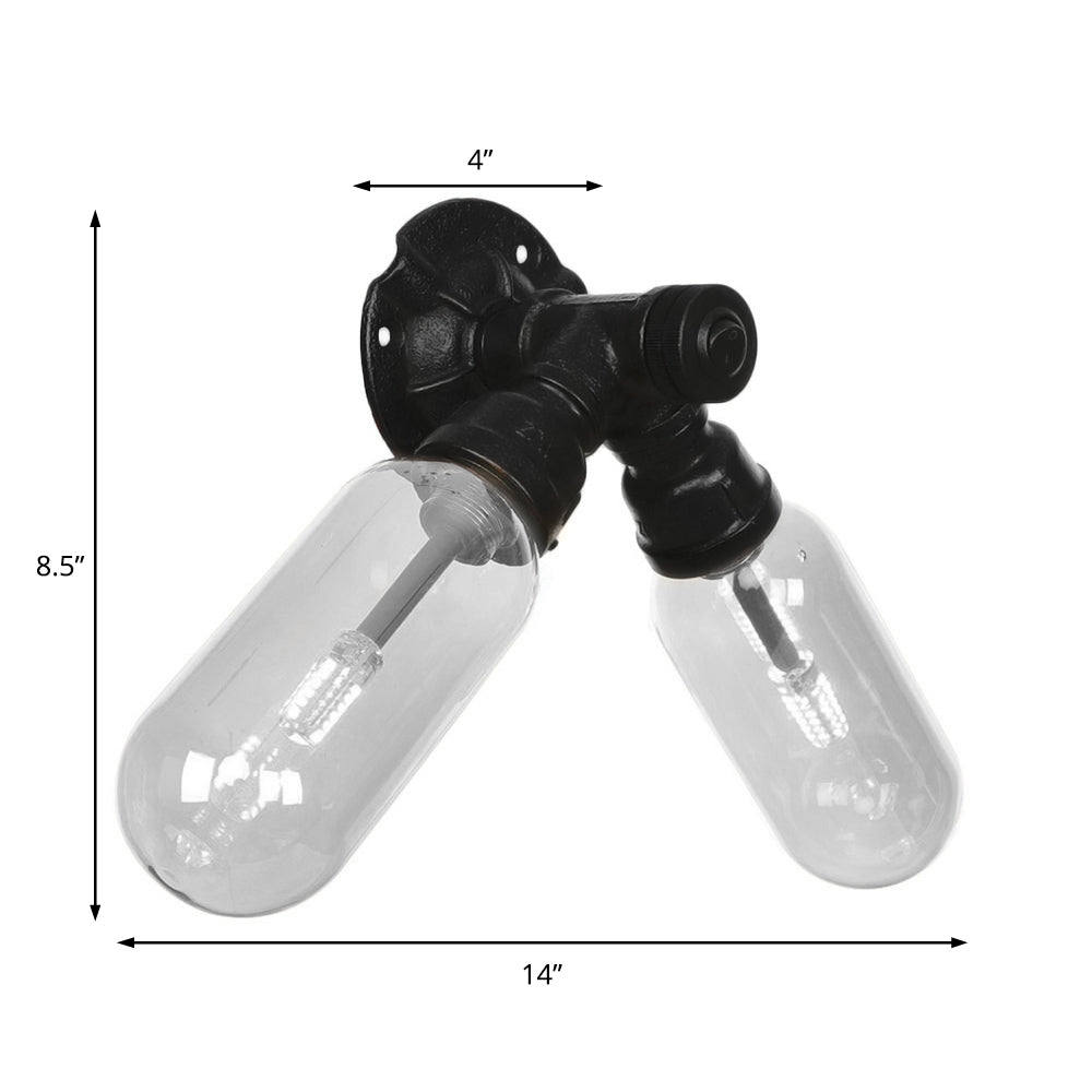 Sikunuo | Capsule Shade Bedroom Wall Light Industrial Metal 2 Lights Black Wall Light with Pipe Design