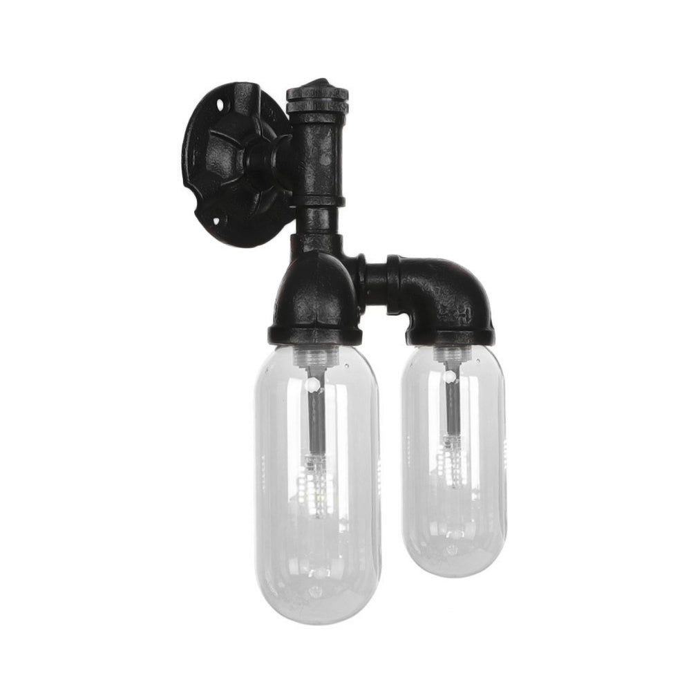 Sikunuo | Capsule Shade Bedroom Wall Light Industrial Metal 2 Lights Black Wall Light with Pipe Design