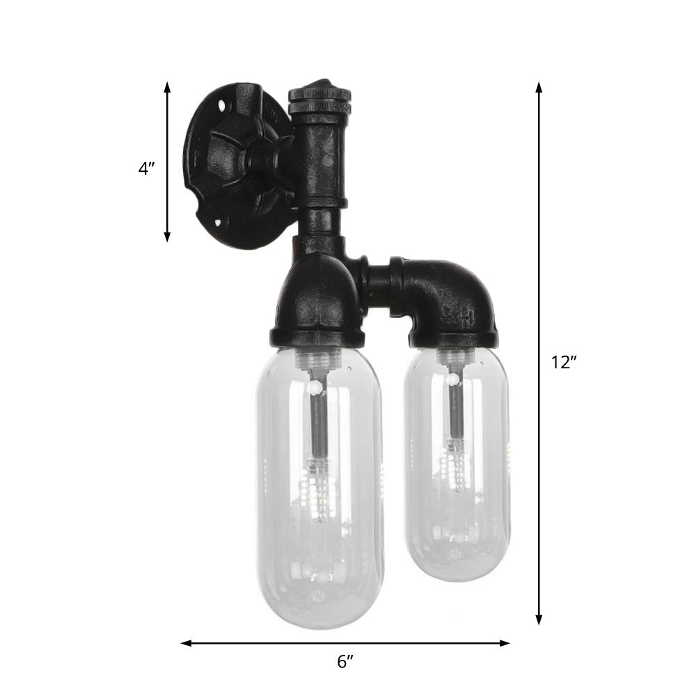 Sikunuo | Capsule Shade Bedroom Wall Light Industrial Metal 2 Lights Black Wall Light with Pipe Design