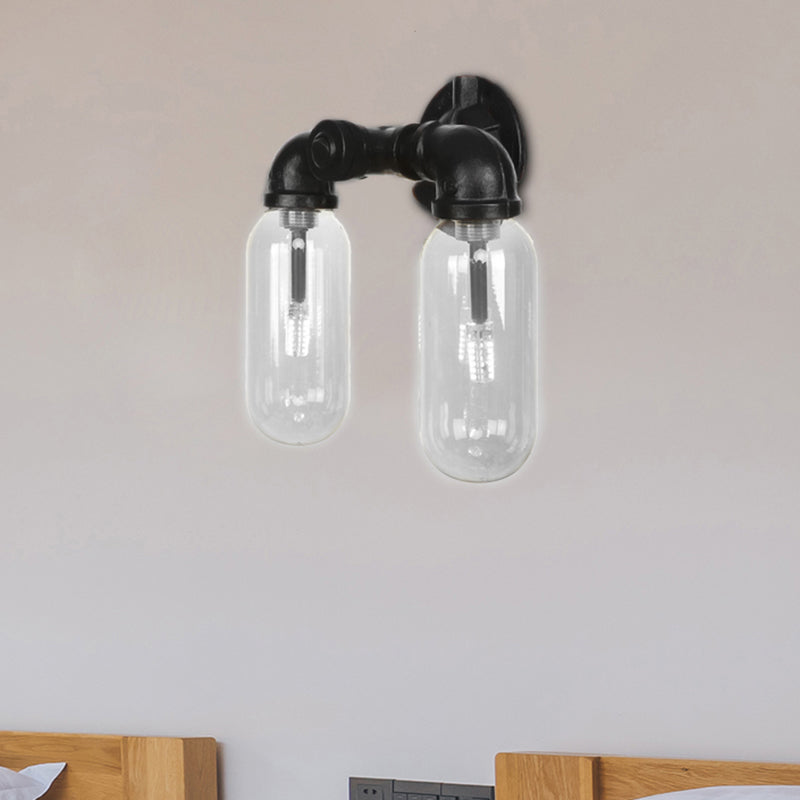 Sikunuo | Metal Oval Shadow Wall Lamp Industrial 2 Lights Bedroom Wall Mounted Pipe Light in Black