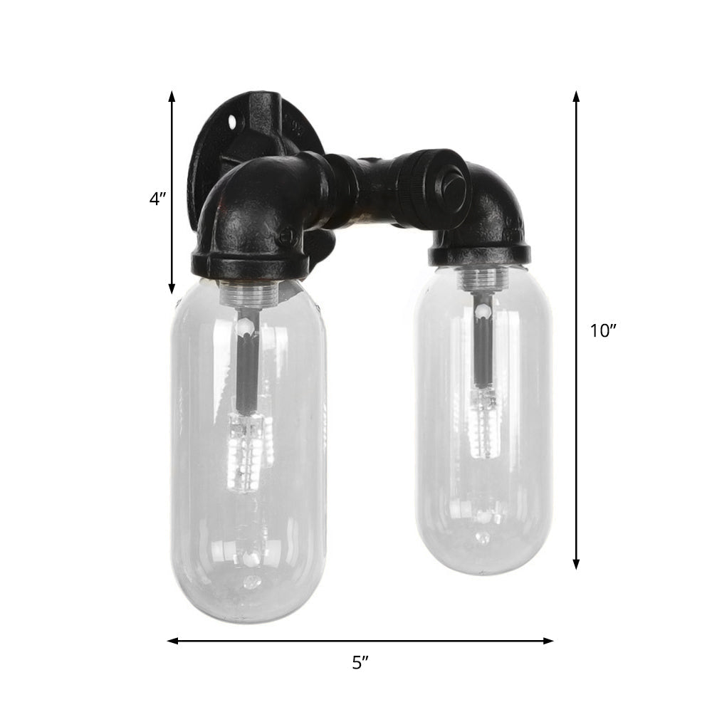 Sikunuo | Metal Oval Shadow Wall Lamp Industrial 2 Lights Bedroom Wall Mounted Pipe Light in Black