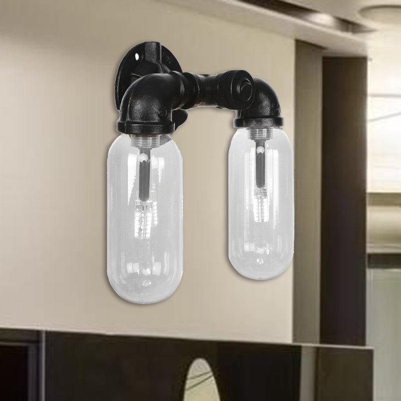 Sikunuo | Metal Oval Shadow Wall Lamp Industrial 2 Lights Bedroom Wall Mounted Pipe Light in Black