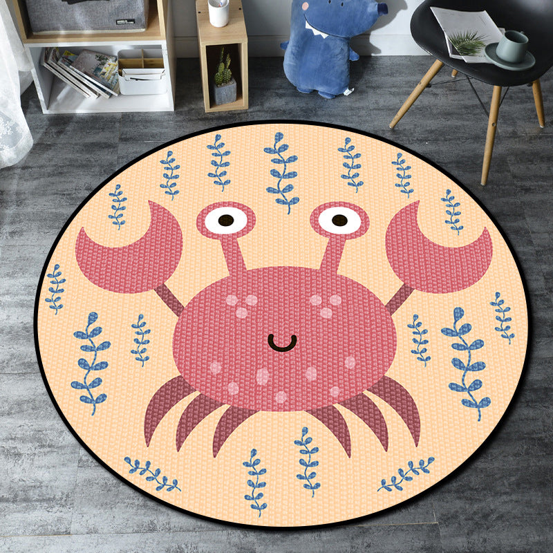 Sikunuo | Cartoon Kids' Room Rug Multicolored Sea Creatures Rug Synthetic Non-Slip Stain Resistant Washable Rug