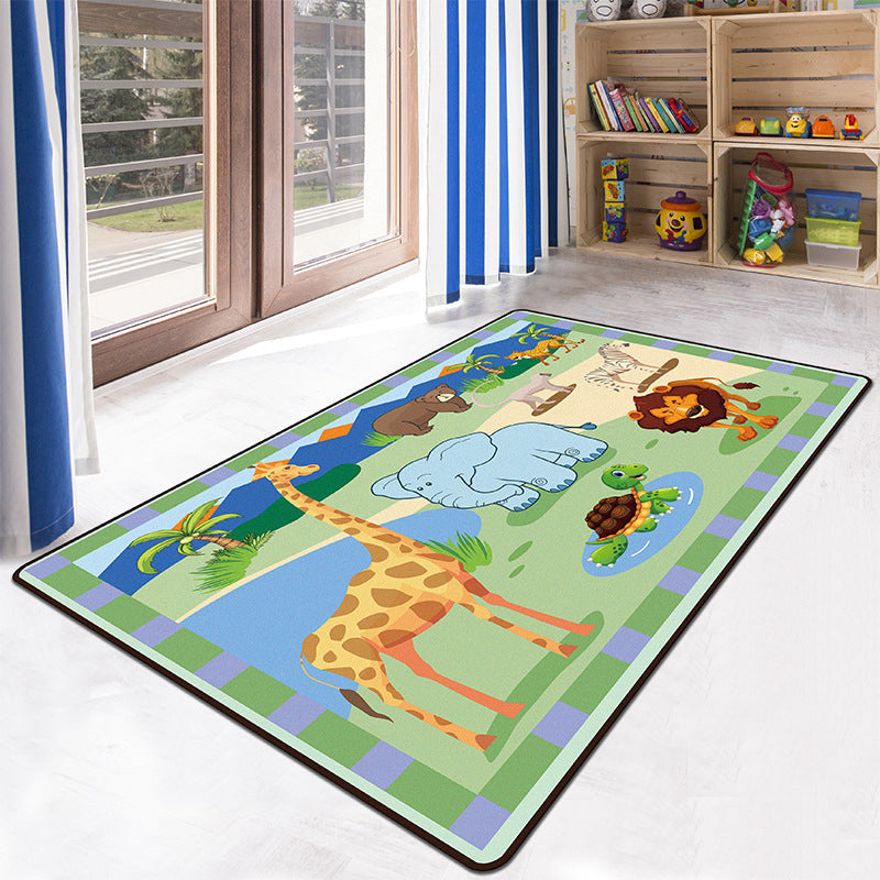 Sikunuo | Educational Multicolor Zoo Print Rug Synthetic Cartoon Rug Non-Slip Play Mat for Children