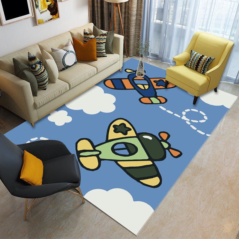 Sikunuo | Cartoon Boys Bedroom Rug Multicolored Spaceship Pattern Rug Polyester Stain Resistant Non-Slip Back Pet Friendly Rug