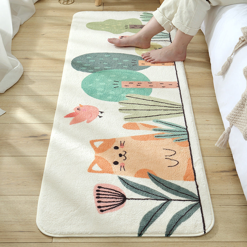 Sikunuo | Green Children's Carpet Synthetic Cat in the Forest Pattern Carpet Pet Friendly Machine Washable Non-Slip Back Carpet for Bedroom
