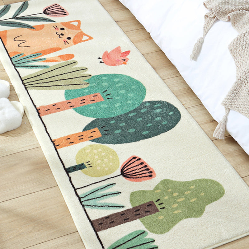 Sikunuo | Green Children's Carpet Synthetic Cat in the Forest Pattern Carpet Pet Friendly Machine Washable Non-Slip Back Carpet for Bedroom