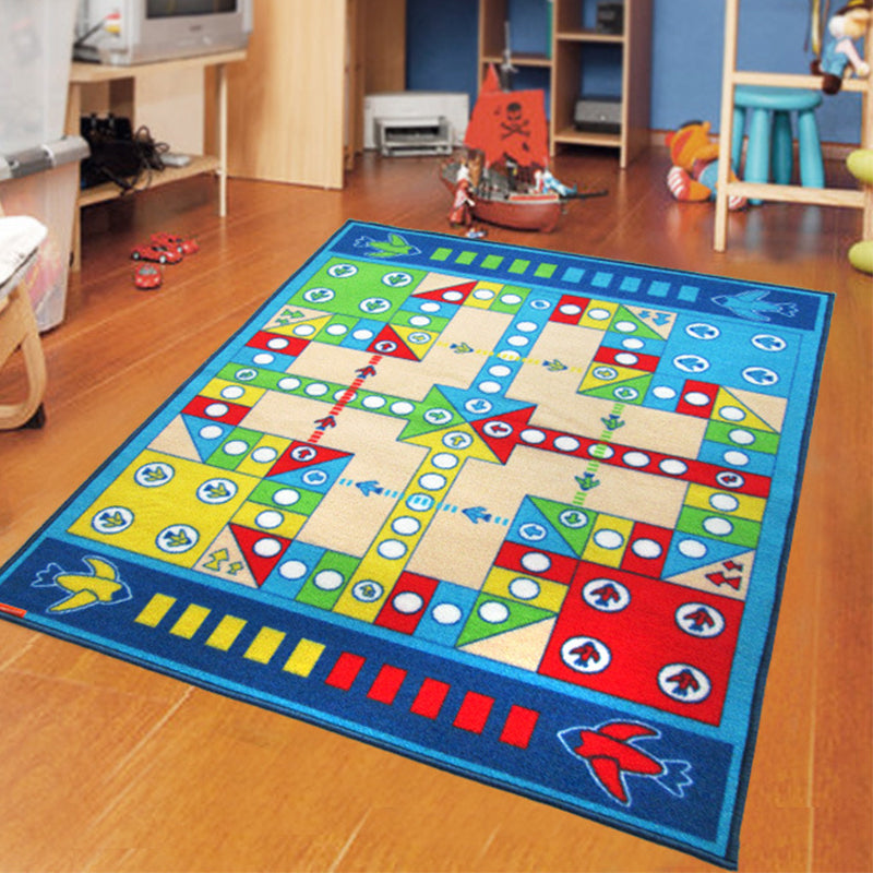 Sikunuo | Playable Child Rug blue Airplane Chess Game Rug Non-Slip Backing Pet Friendly Stain Resistant Carpet for Preschool