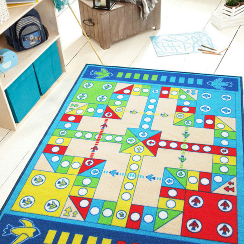 Sikunuo | Playable Child Rug blue Airplane Chess Game Rug Non-Slip Backing Pet Friendly Stain Resistant Carpet for Preschool