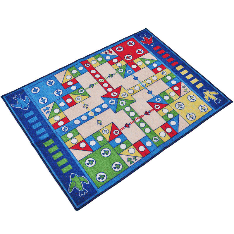 Sikunuo | Playable Child Rug blue Airplane Chess Game Rug Non-Slip Backing Pet Friendly Stain Resistant Carpet for Preschool