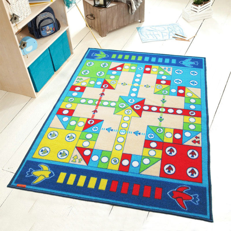 Sikunuo | Playable Child Rug blue Airplane Chess Game Rug Non-Slip Backing Pet Friendly Stain Resistant Carpet for Preschool