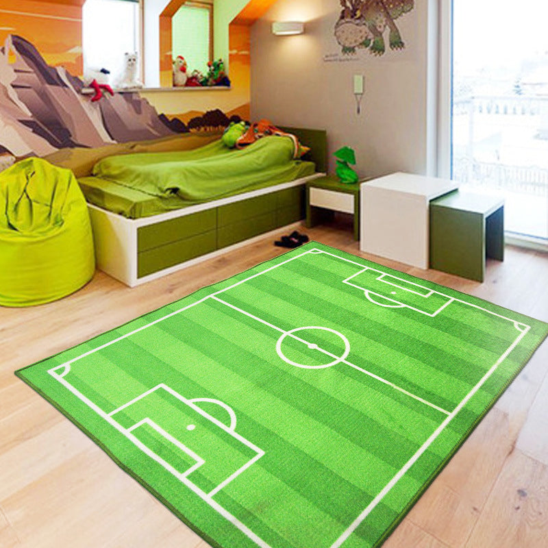 Sikunuo | Green Football Field Pattern Carpet Polyester Kids Carpet Stain Resistant Non-Slip Pet Friendly Carpet for Boys Room