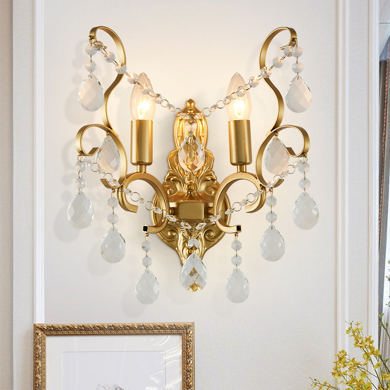 Sikunuo | Brass Arch Arm Wall Mounted Light Modernism 1/2 Lights Metal Flush Mount Wall Light with Drop Crystal Decoration