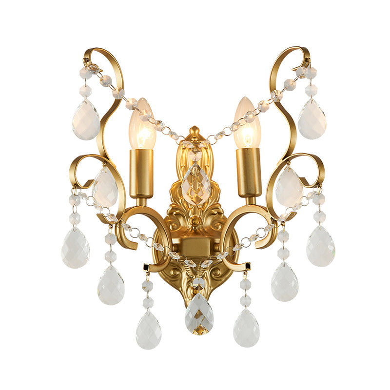 Sikunuo | Brass Arch Arm Wall Mounted Light Modernism 1/2 Lights Metal Flush Mount Wall Light with Drop Crystal Decoration