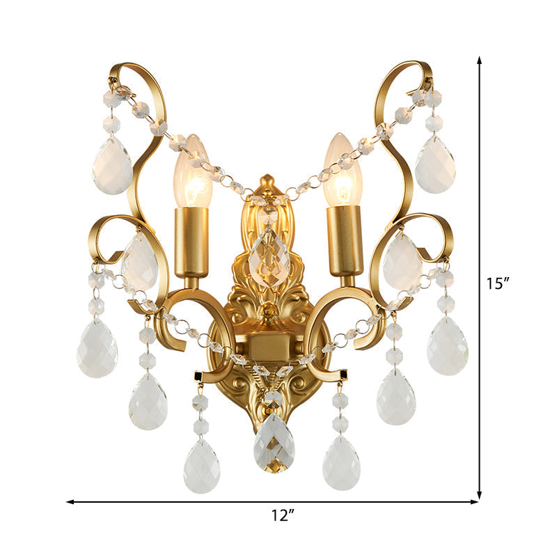 Sikunuo | Brass Arch Arm Wall Mounted Light Modernism 1/2 Lights Metal Flush Mount Wall Light with Drop Crystal Decoration