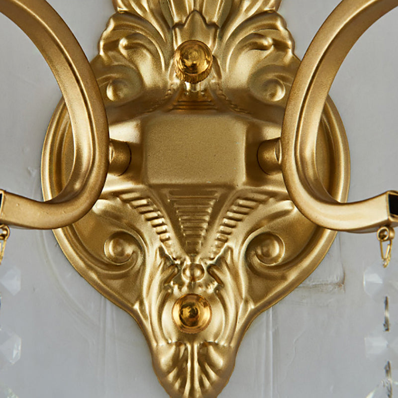 Sikunuo | Brass Arch Arm Wall Mounted Light Modernism 1/2 Lights Metal Flush Mount Wall Light with Drop Crystal Decoration