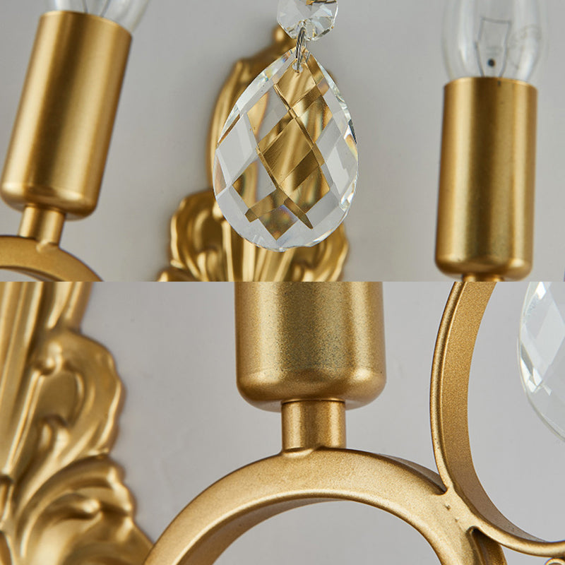 Sikunuo | Brass Arch Arm Wall Mounted Light Modernism 1/2 Lights Metal Flush Mount Wall Light with Drop Crystal Decoration