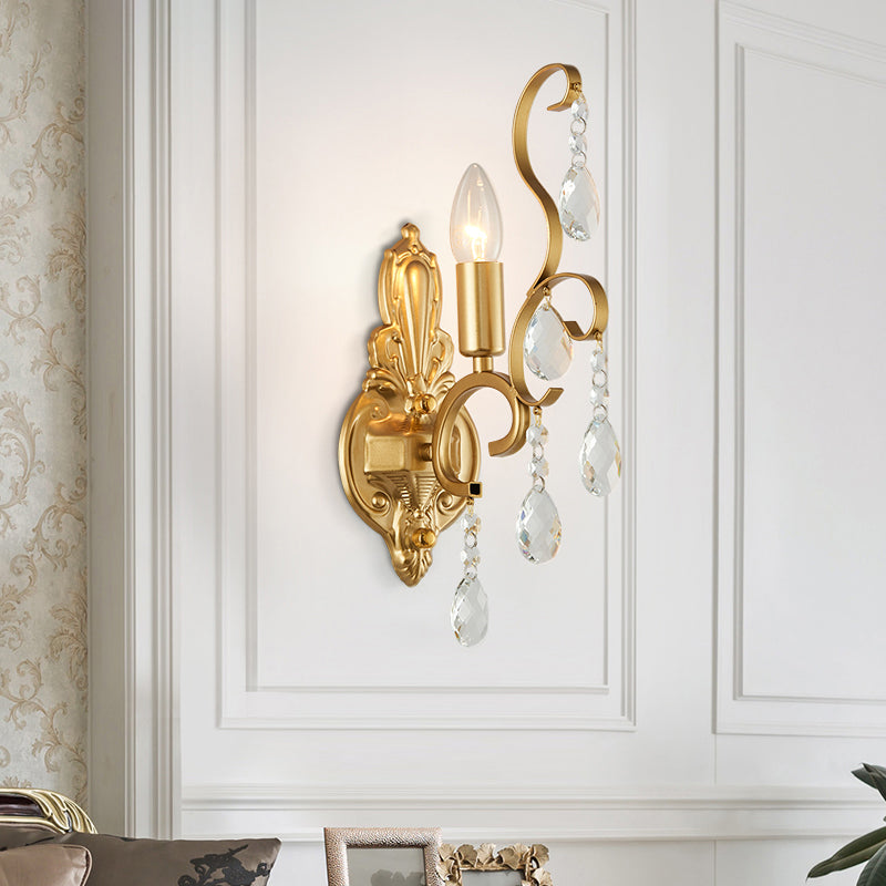 Sikunuo | Brass Arch Arm Wall Mounted Light Modernism 1/2 Lights Metal Flush Mount Wall Light with Drop Crystal Decoration