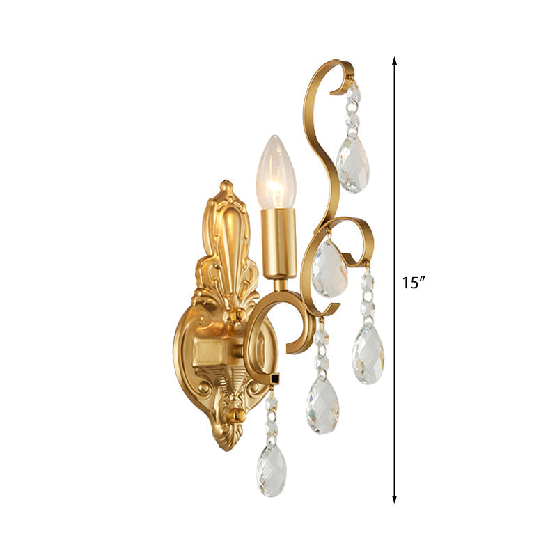 Sikunuo | Brass Arch Arm Wall Mounted Light Modernism 1/2 Lights Metal Flush Mount Wall Light with Drop Crystal Decoration