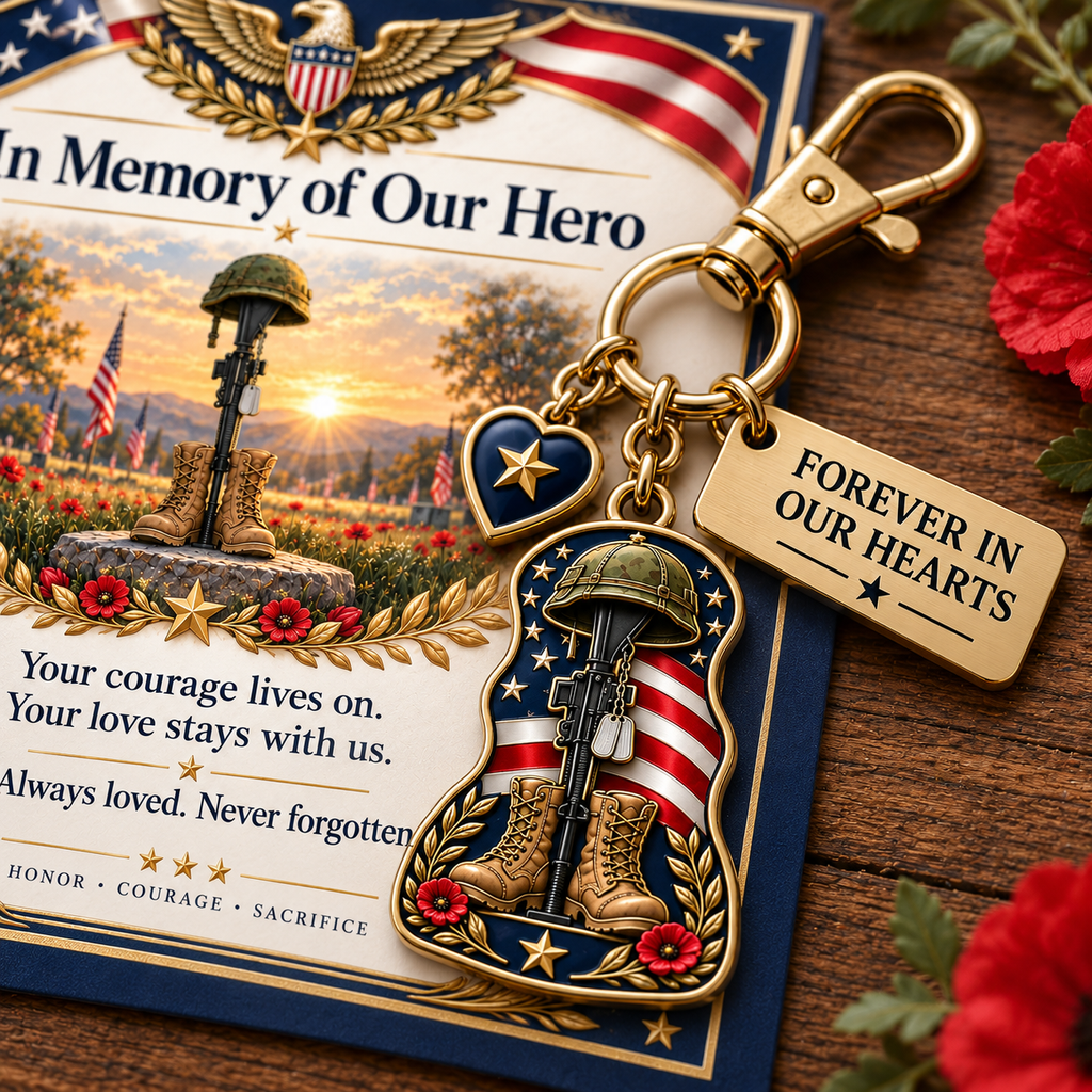 "In Memory of Our Hero" Memorial Keychain & Keepsake Card Set