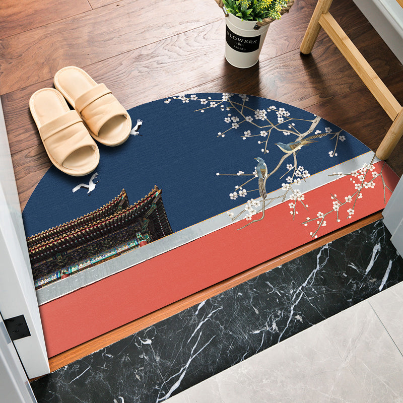 Sikunuo | Chinoiserie Printed Rug Multi Colored Polypropylene Carpet Anti-Slip Back Pet Friendly Stain Resistant Rug for Door