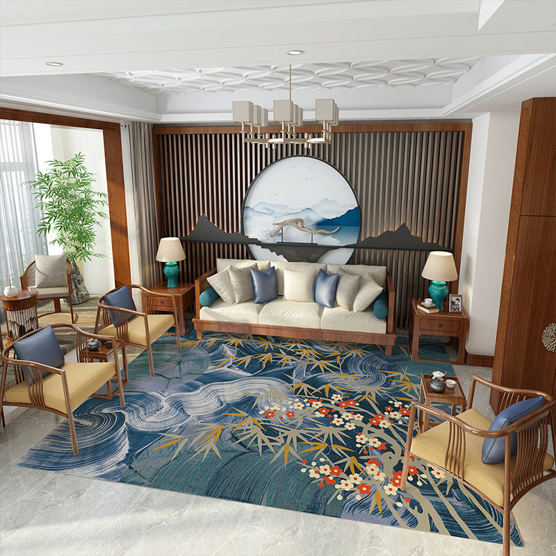 Sikunuo | Glamour Drawing Print Rug Multicolor Chinoiserie Rug Synthetic Pet Friendly Non-Slip Back Washable Rug for Home