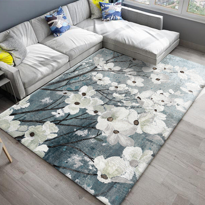 Sikunuo | Chic Oriental Rug Polyester Flower Botanical Rug Non-slip Machine Washable Pet-friendly Carpet for Living Room