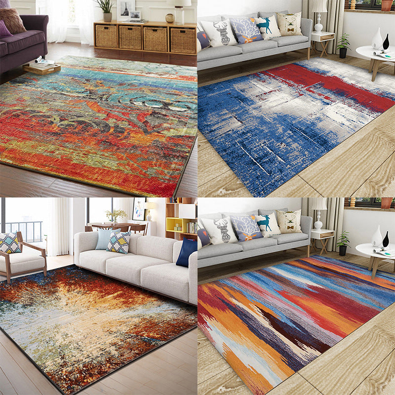 Sikunuo | Classic Multicolor Industrial Carpet Polyester Abstract Painting Carpet Non-Slip Back Machine Washable Stain Resistant Carpet for Lounge