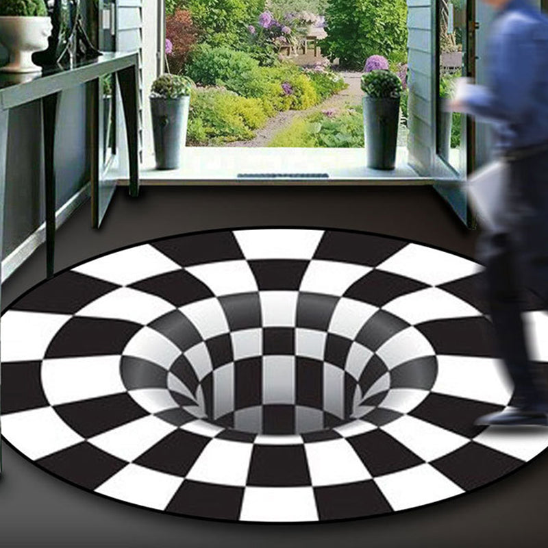 Sikunuo | Black-White Creative Carpet Polyester Optical Illusions Vortex Area Rug Pet Friendly Washable Non-Slip Rug for Hall