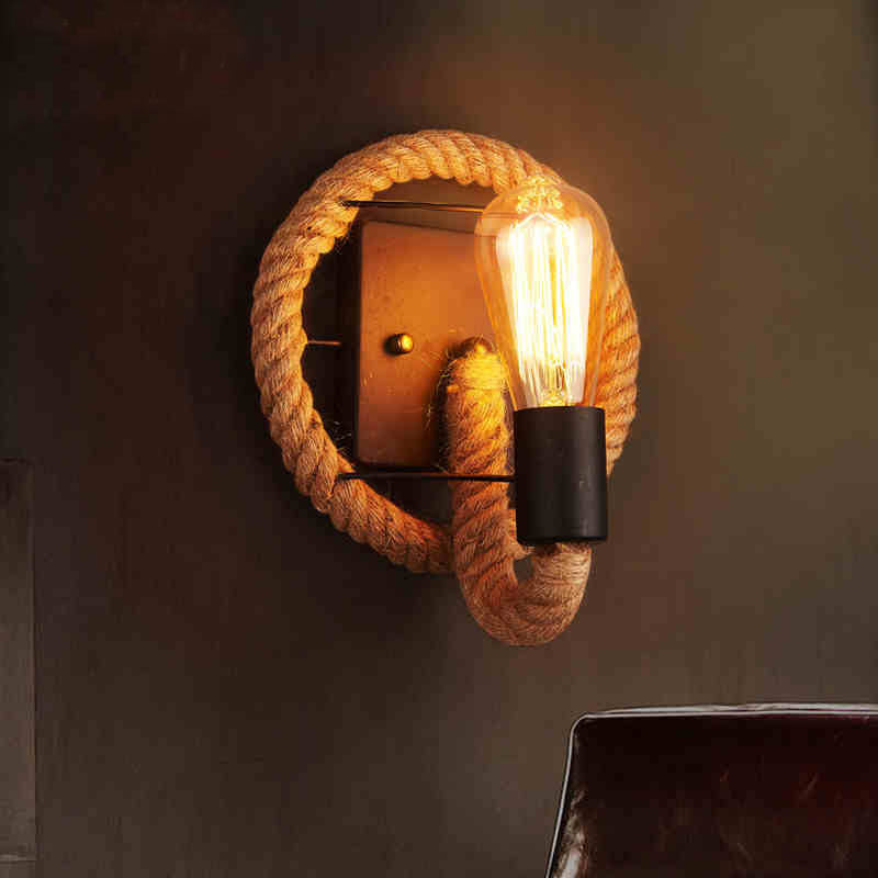 Sikunuo | 1-Head Rope Wall Lamp Loft Style Black Finish Round/Oval Hall Metal Wall Mount Lighting with Exposed Bulb
