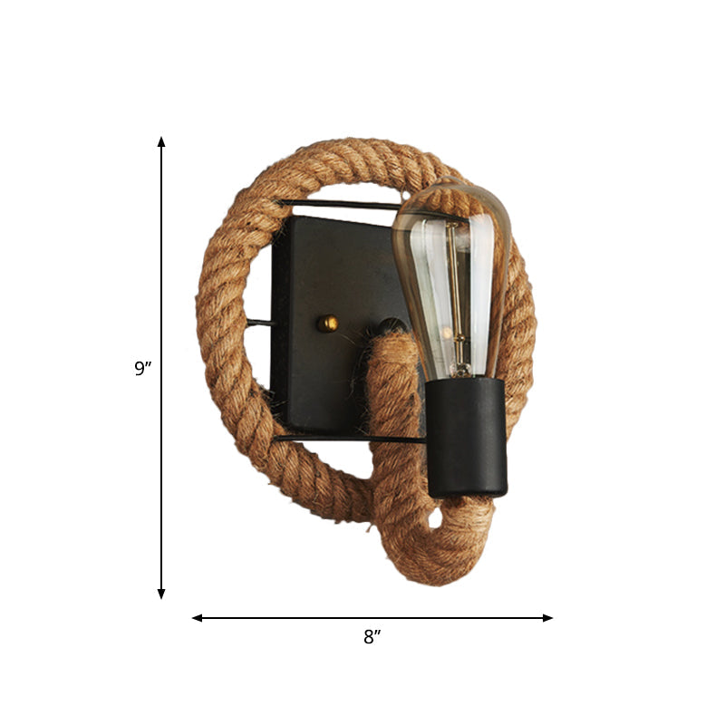 Sikunuo | 1-Head Rope Wall Lamp Loft Style Black Finish Round/Oval Hall Metal Wall Mount Lighting with Exposed Bulb