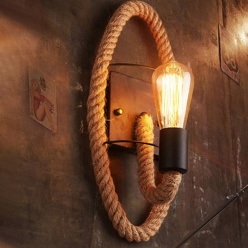 Sikunuo | 1-Head Rope Wall Lamp Loft Style Black Finish Round/Oval Hall Metal Wall Mount Lighting with Exposed Bulb