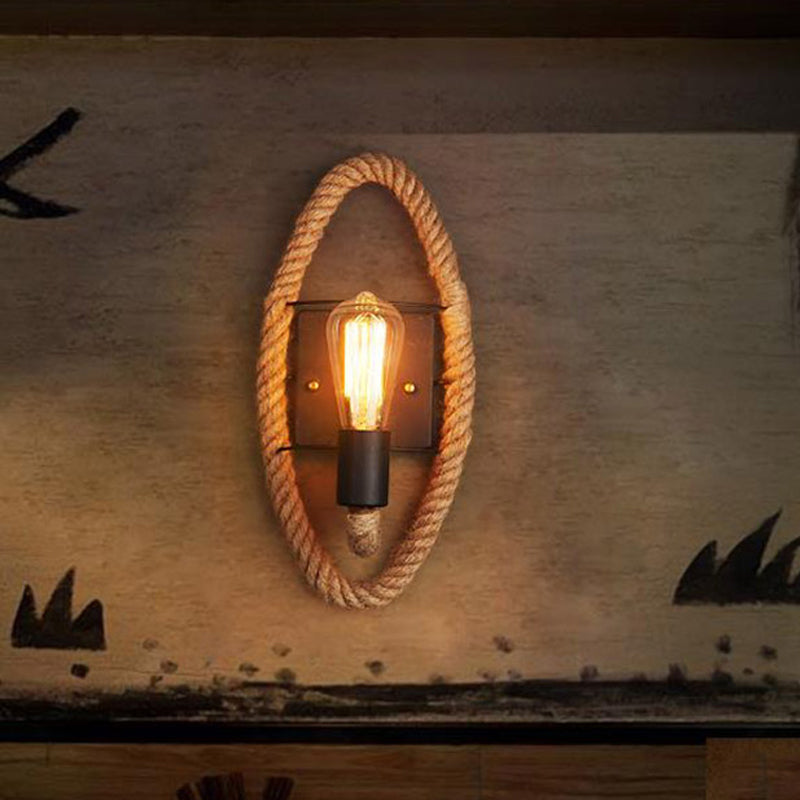 Sikunuo | 1-Head Rope Wall Lamp Loft Style Black Finish Round/Oval Hall Metal Wall Mount Lighting with Exposed Bulb