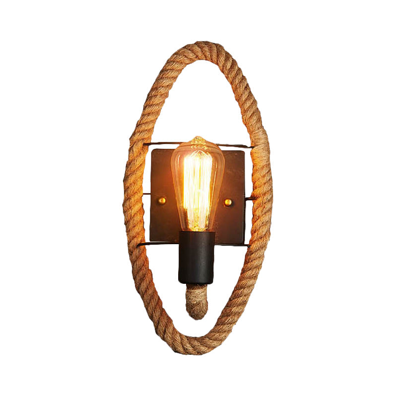Sikunuo | 1-Head Rope Wall Lamp Loft Style Black Finish Round/Oval Hall Metal Wall Mount Lighting with Exposed Bulb